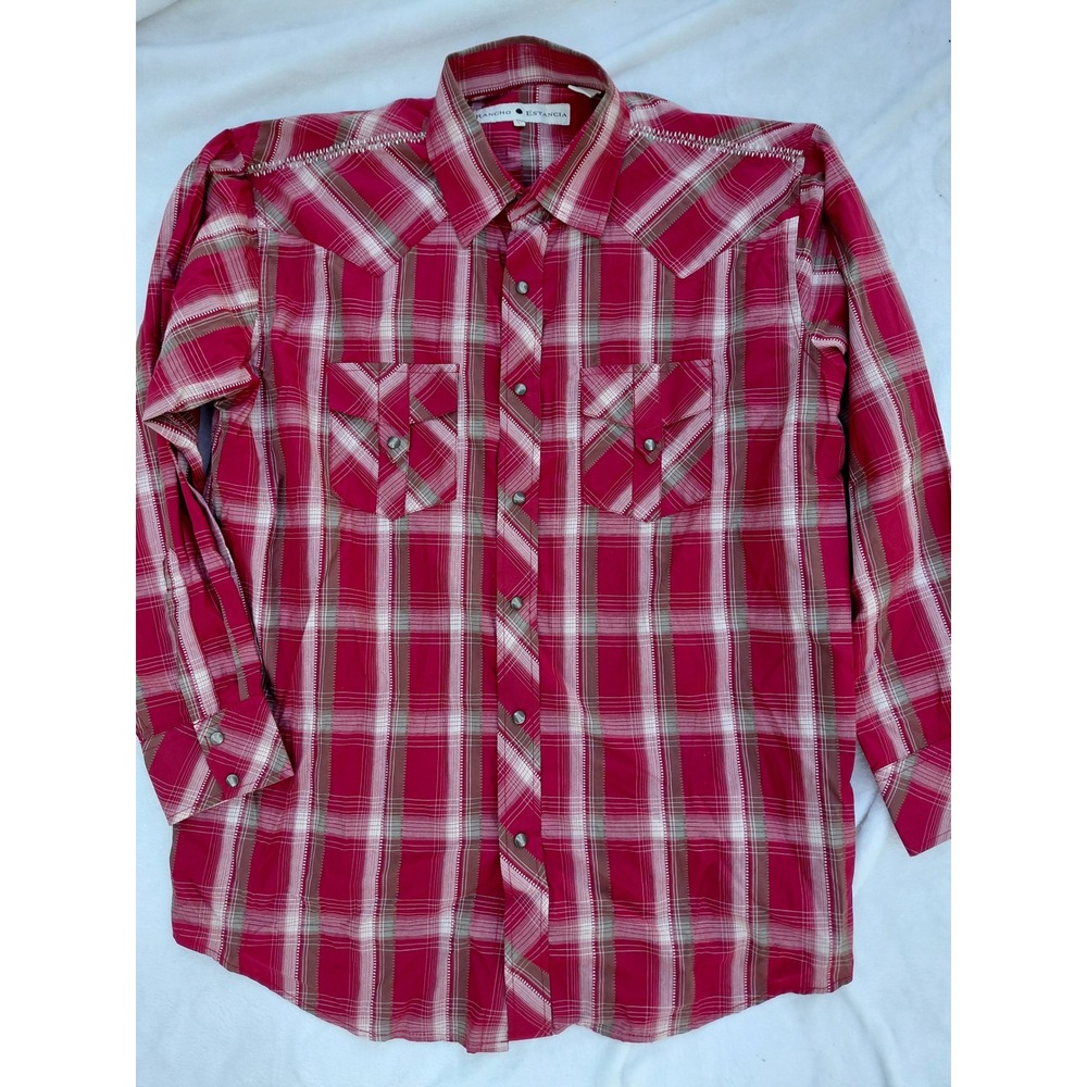 Rancho Estancia Mens Red Plaid Western Pearl Snap Shirt Large Cotton Cowboy L